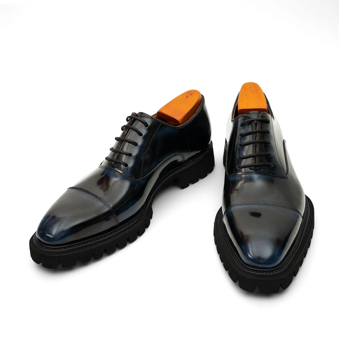 Blue Cap-Toe Calf Leather Oxford Shoes