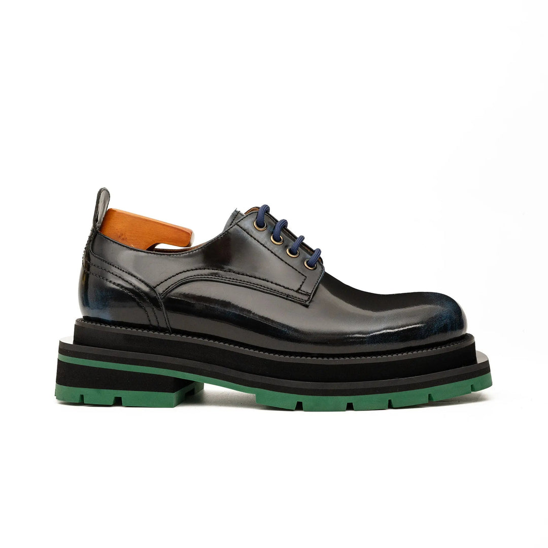 Blue Plain-Toe Calf Leather Derby Shoes