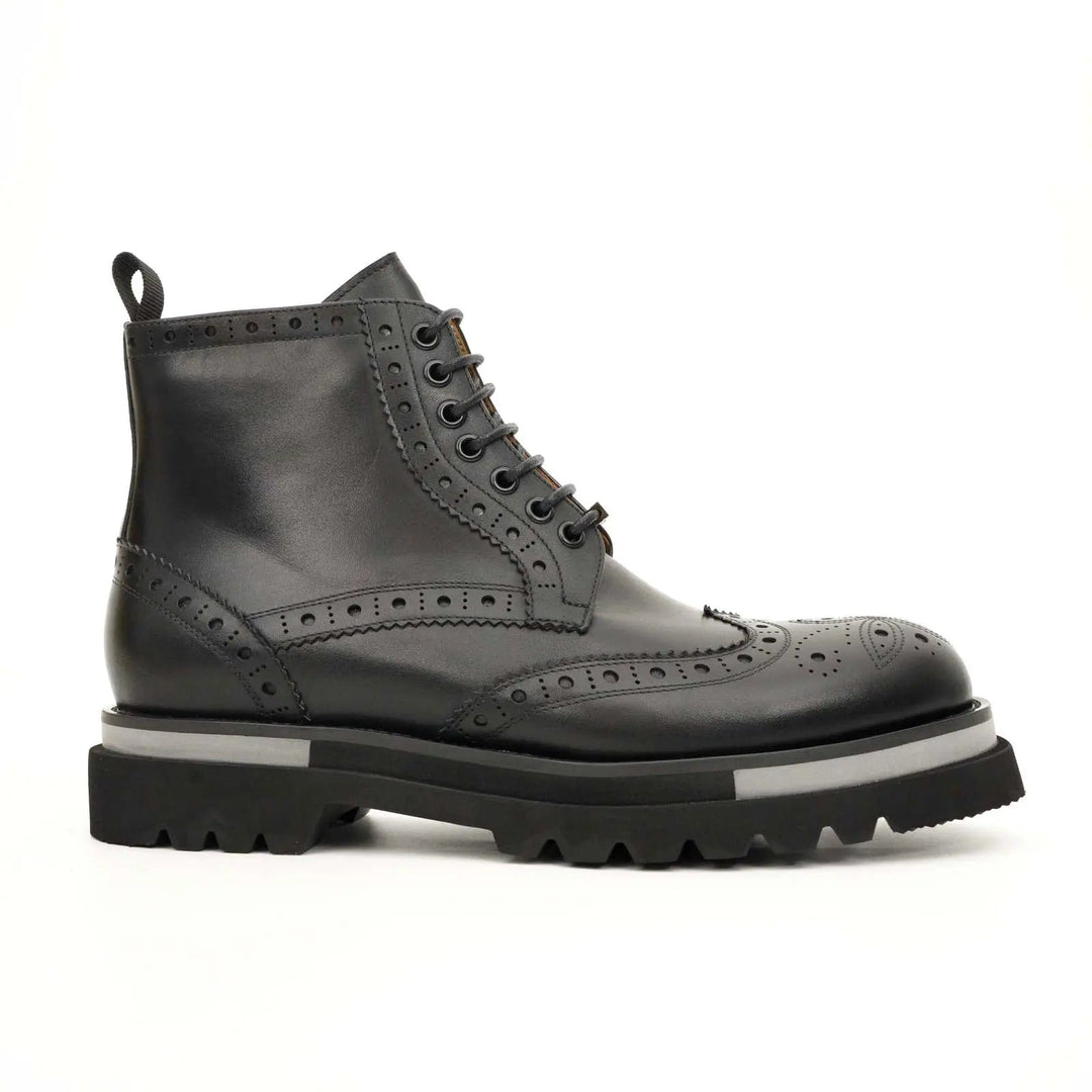 Black Calf Leather Wingtip Brogue Ankle Boots