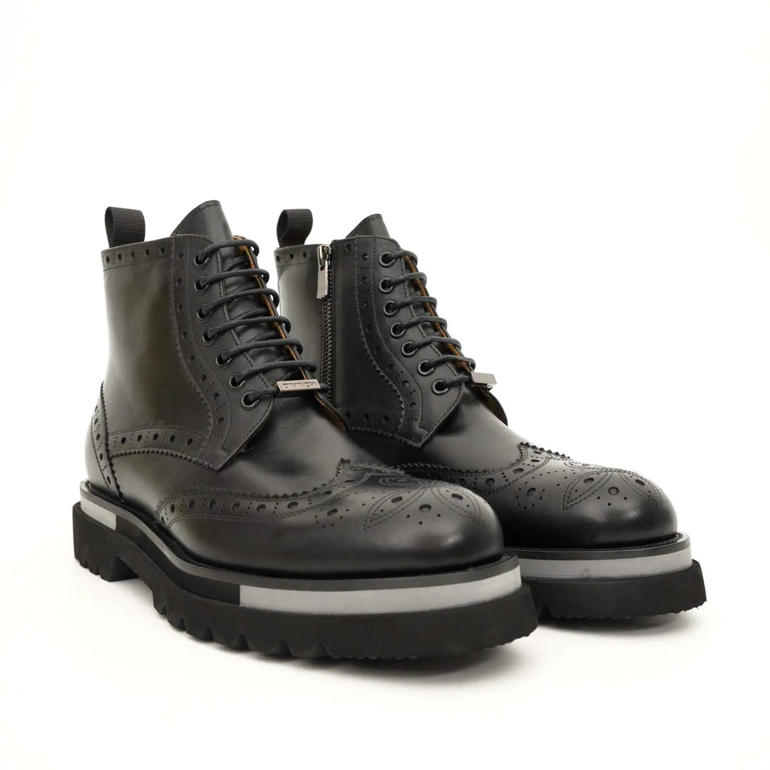Black Calf Leather Wingtip Brogue Ankle Boots