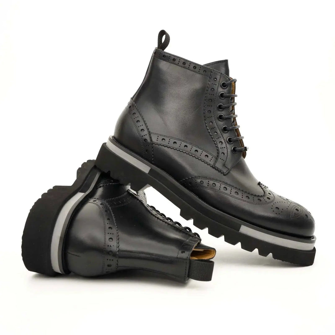 Black Calf Leather Wingtip Brogue Ankle Boots