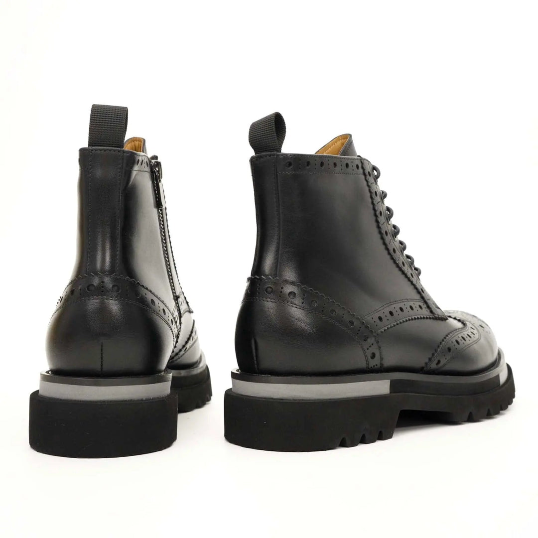 Black Calf Leather Wingtip Brogue Ankle Boots