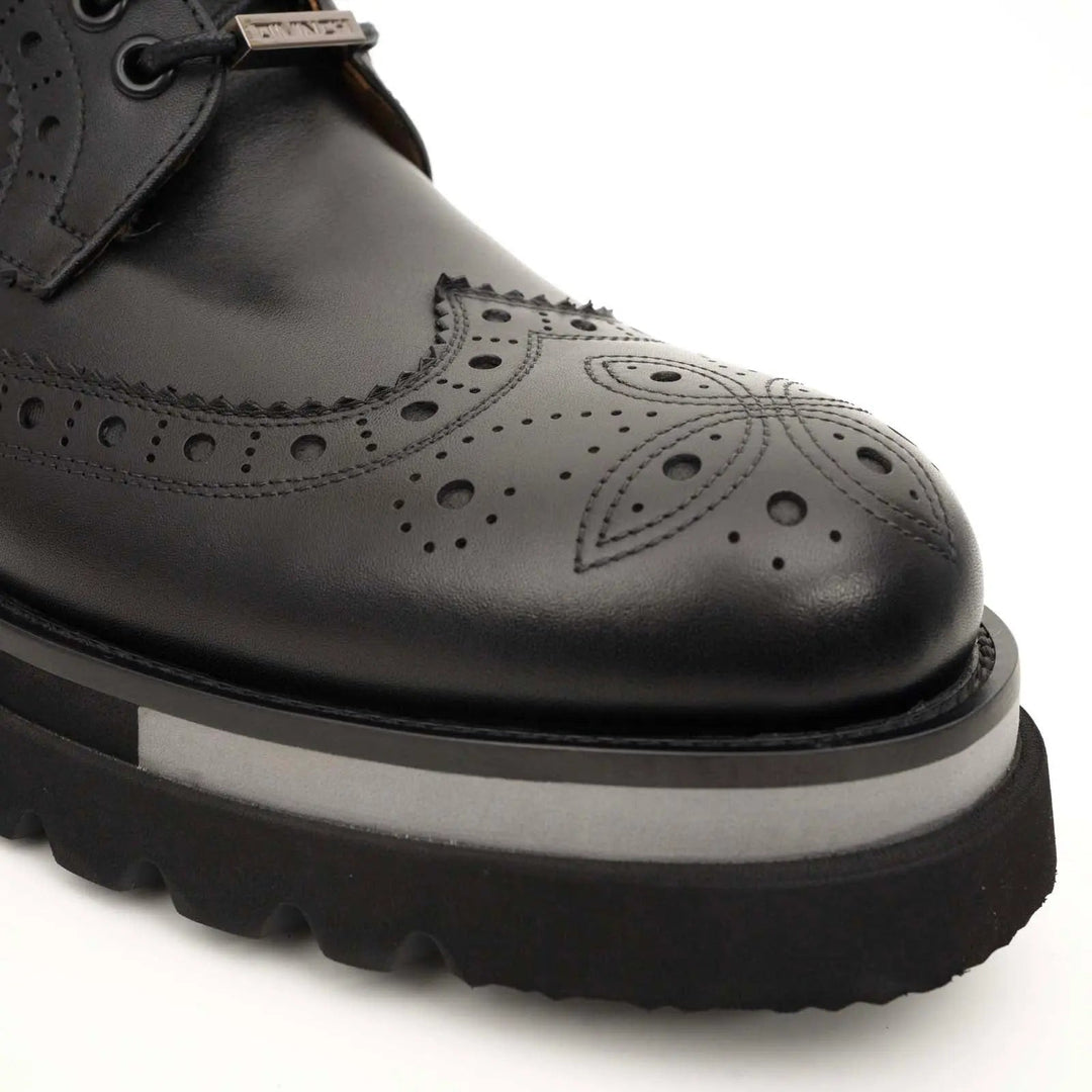 Black Calf Leather Wingtip Brogue Ankle Boots