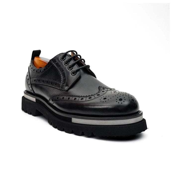Black Wingtip Derby Shoes with Pale Sole Stripe