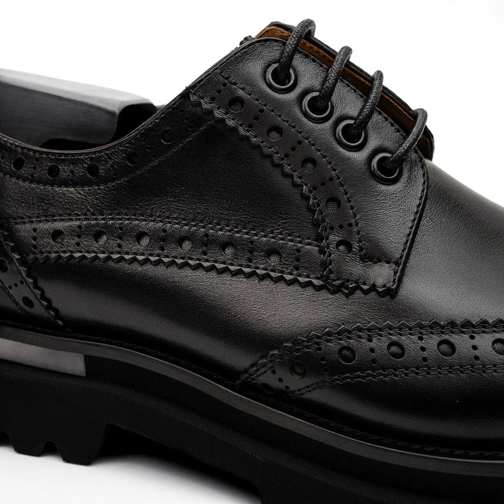 Black Wingtip Derby Shoes with Pale Sole Stripe