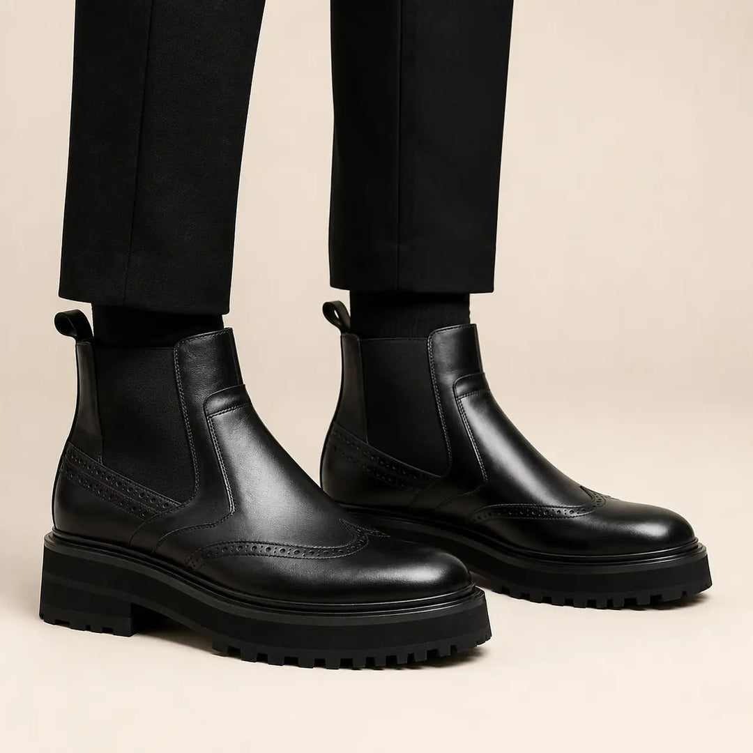 Black Brogue Leather Chelsea Boots