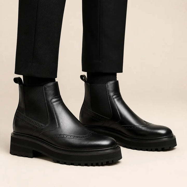 Black Brogue Leather Chelsea Boots