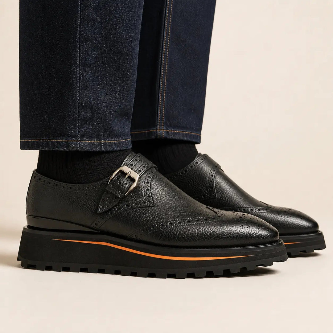 Black Wingtip Kangaroo Leather Monk Shoes