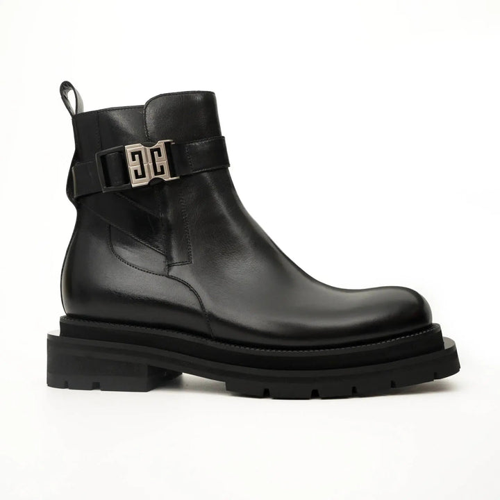 Black Leather Buckle Ankle Boots with Black Lug Sole