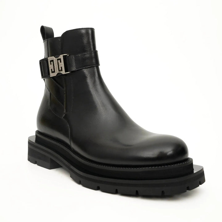 Black Leather Buckle Ankle Boots with Black Lug Sole
