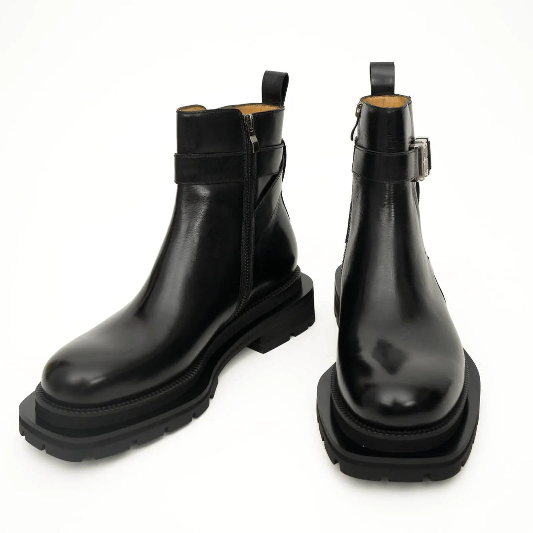 Black Leather Buckle Ankle Boots with Black Lug Sole