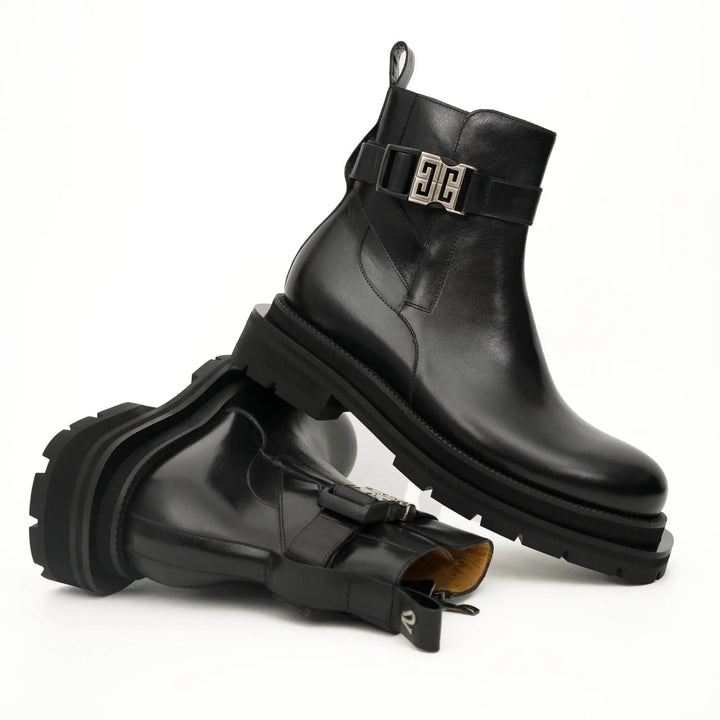 Black Leather Buckle Ankle Boots with Black Lug Sole