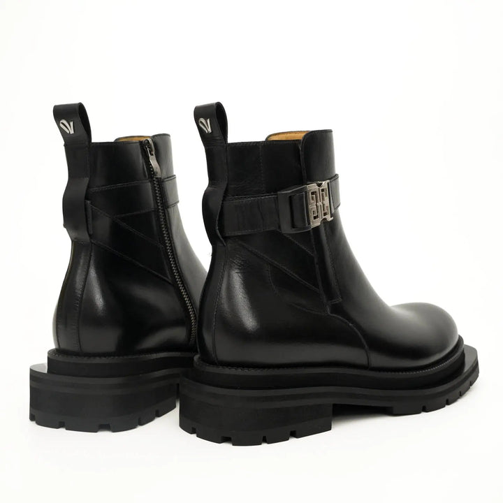 Black Leather Buckle Ankle Boots with Black Lug Sole