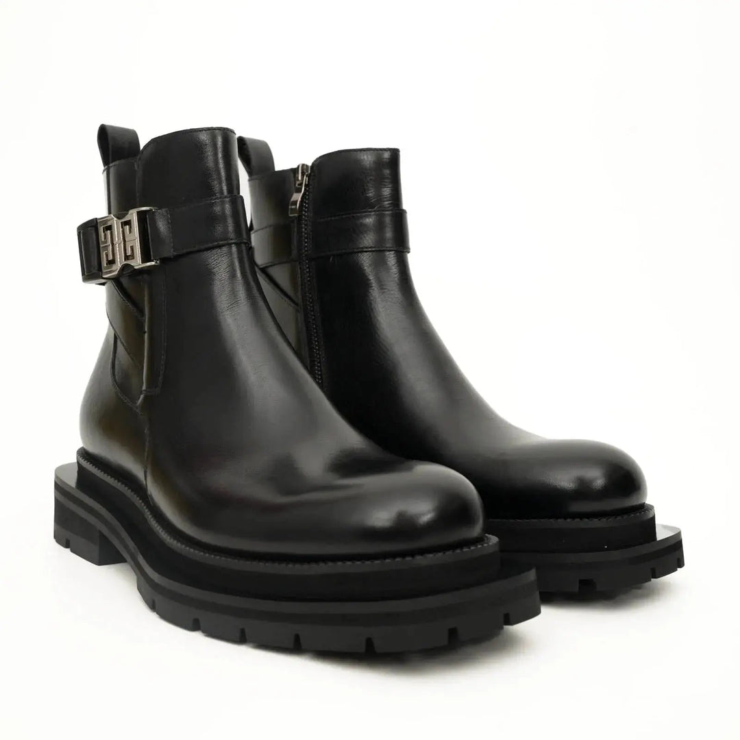 Black Leather Buckle Ankle Boots with Black Lug Sole