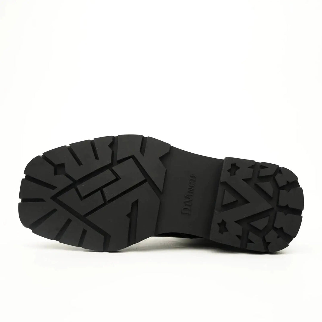 Black Leather Buckle Ankle Boots with Black Lug Sole
