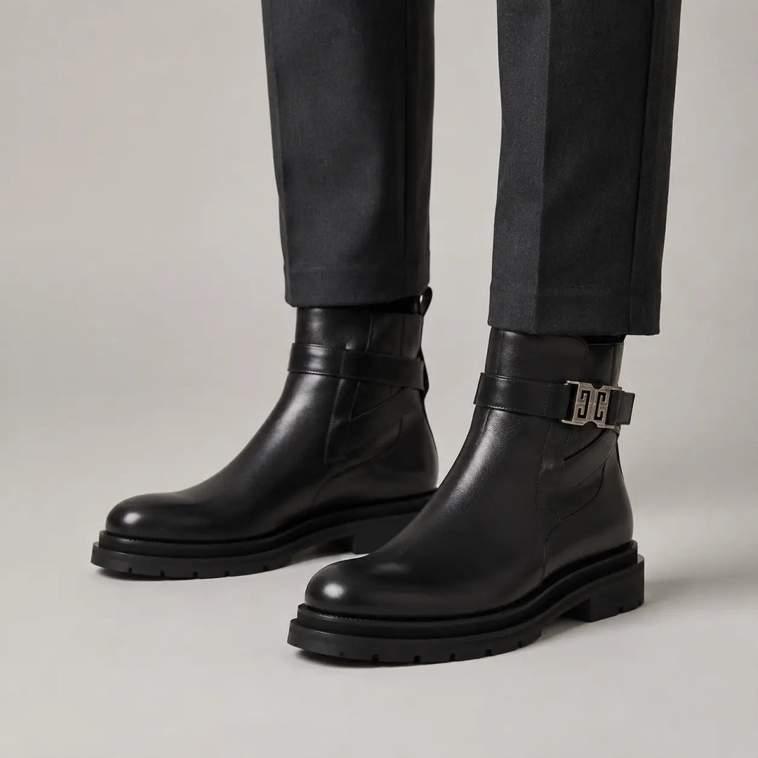 Black Leather Buckle Ankle Boots with Black Lug Sole