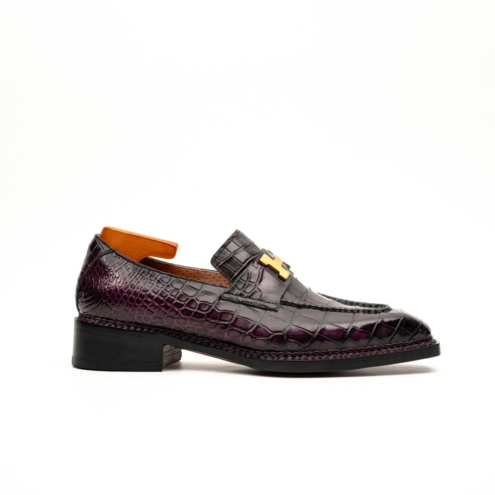 Burgundy-Black Apron-Toe Crocodile Leather Bit Loafers