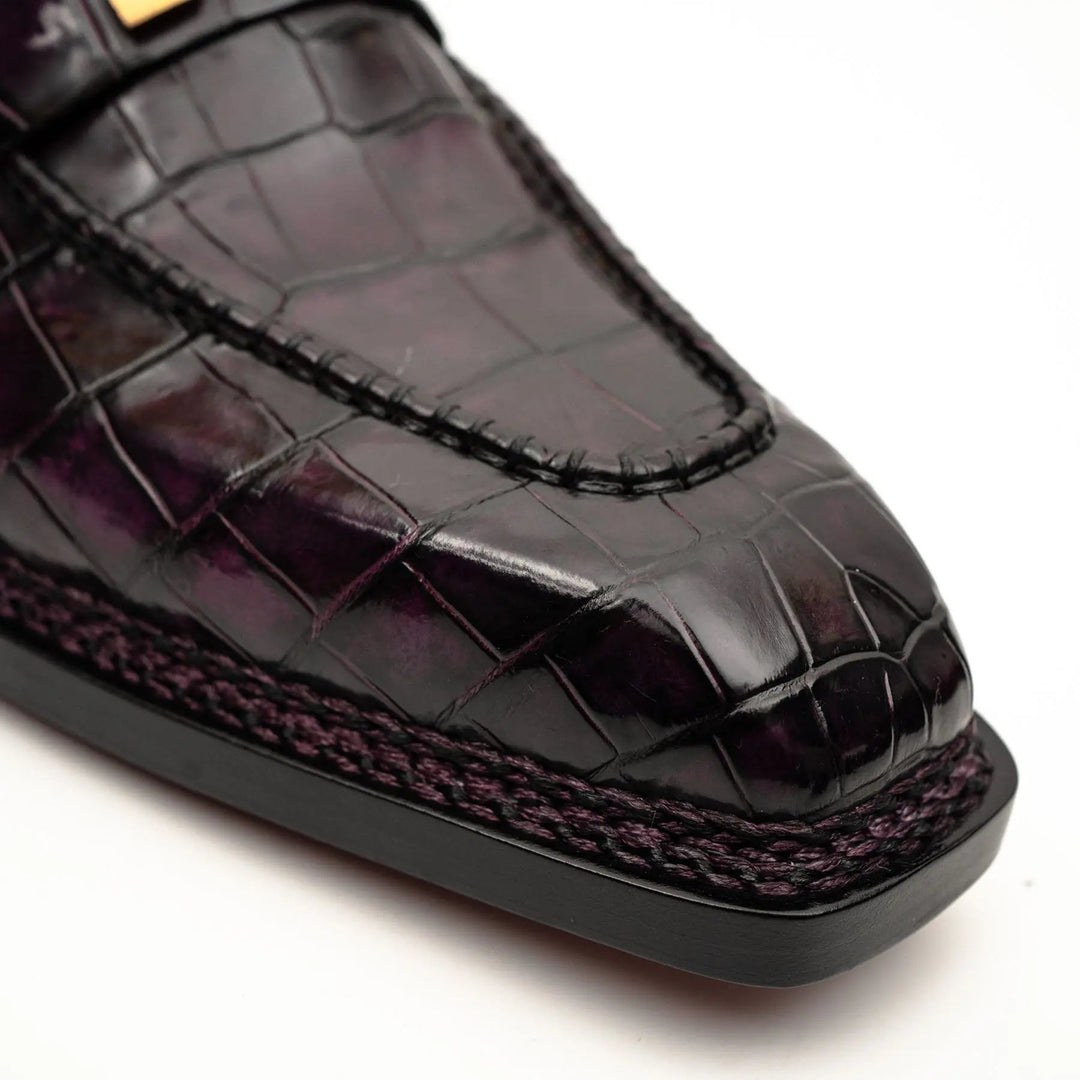 Burgundy-Black Apron-Toe Crocodile Leather Bit Loafers