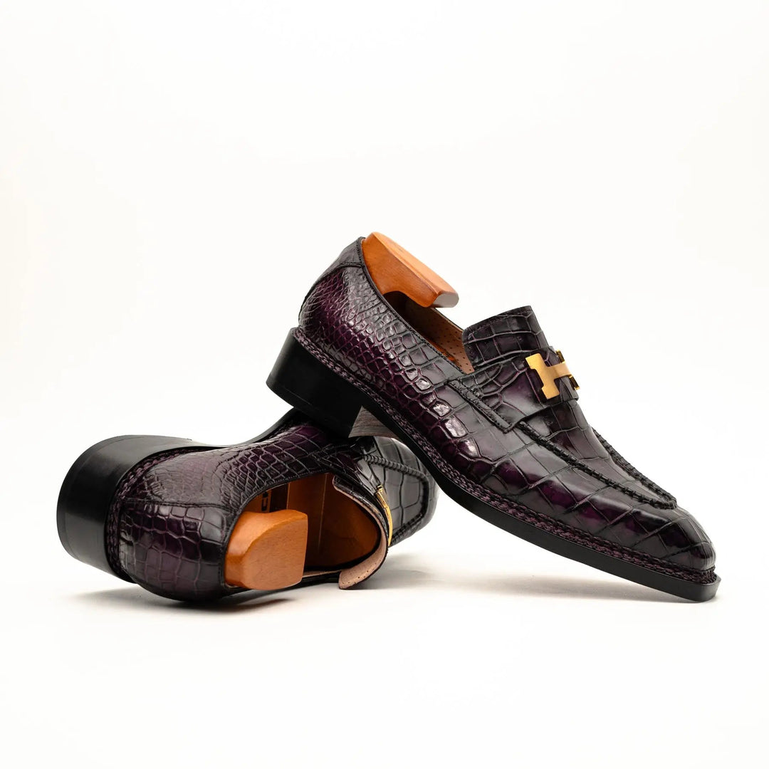 Burgundy-Black Apron-Toe Crocodile Leather Bit Loafers
