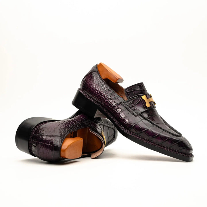 Burgundy-Black Apron-Toe Crocodile Leather Bit Loafers