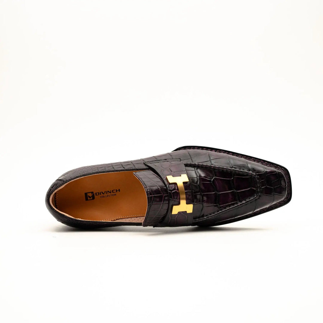 Burgundy-Black Apron-Toe Crocodile Leather Bit Loafers