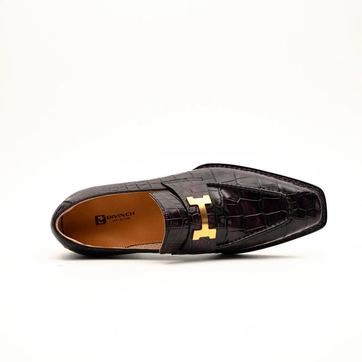 Burgundy-Black Apron-Toe Crocodile Leather Bit Loafers