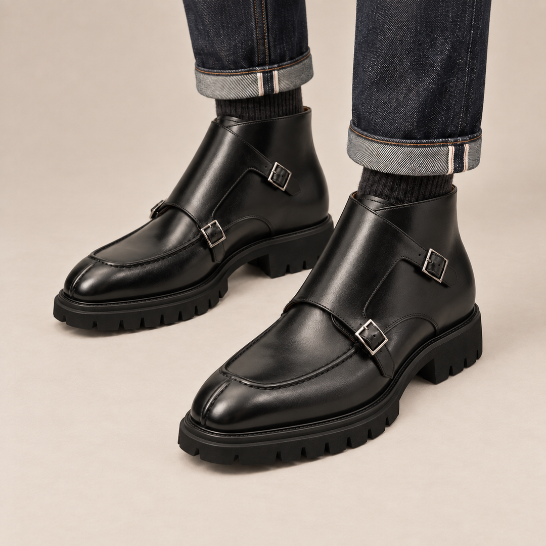 Black Calf Leather Buckle Ankle Boots
