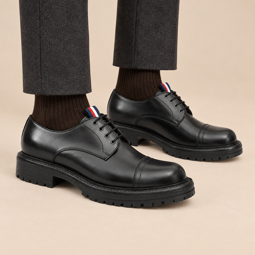 Black Calf Leather Cap-Toe Derby Shoes with Lug Sole