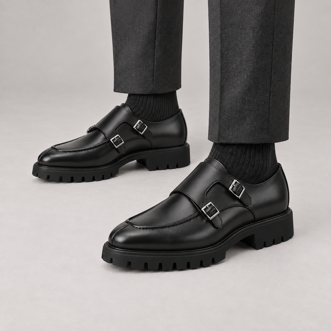 Black Calf Leather Double Monk Strap Shoes
