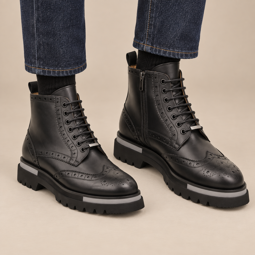 Black Calf Leather Wingtip Brogue Ankle Boots