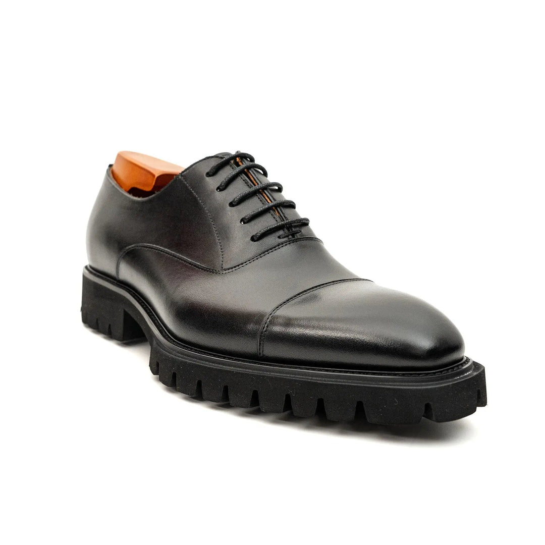 Black Cap-Toe Calf Leather Oxford Shoes