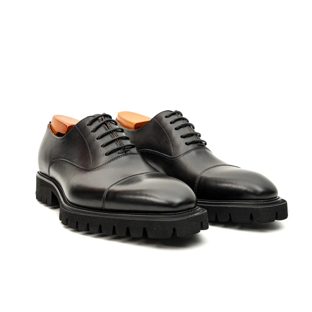 Black Cap-Toe Calf Leather Oxford Shoes