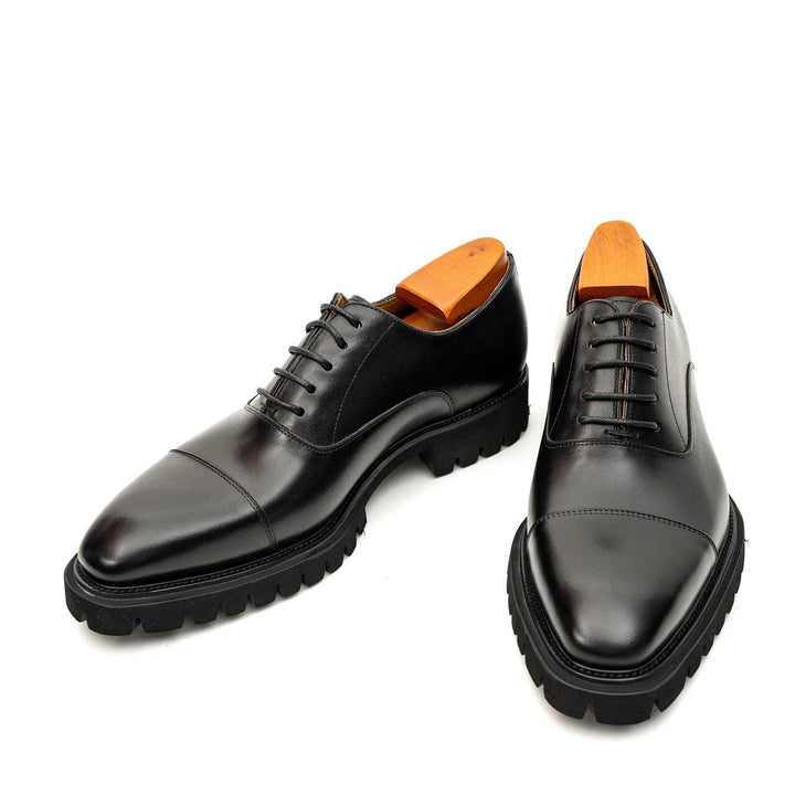 Black Cap-Toe Calf Leather Oxford Shoes