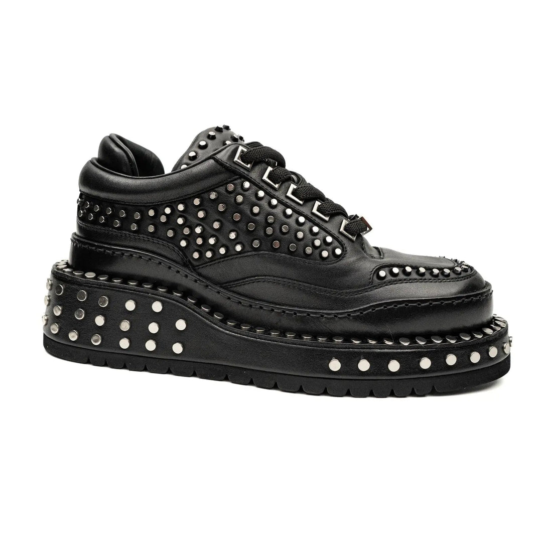 Black Studded Calf Leather Derby Shoes