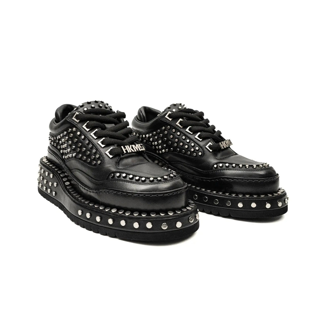 Black Studded Calf Leather Derby Shoes