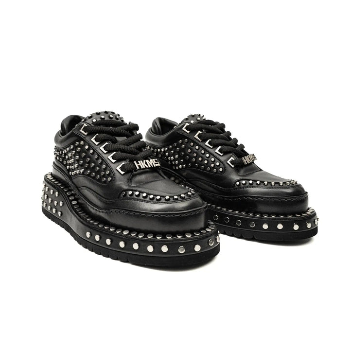 Black Studded Calf Leather Derby Shoes