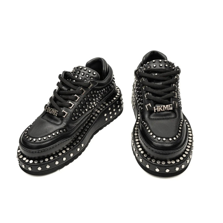 Black Studded Calf Leather Derby Shoes