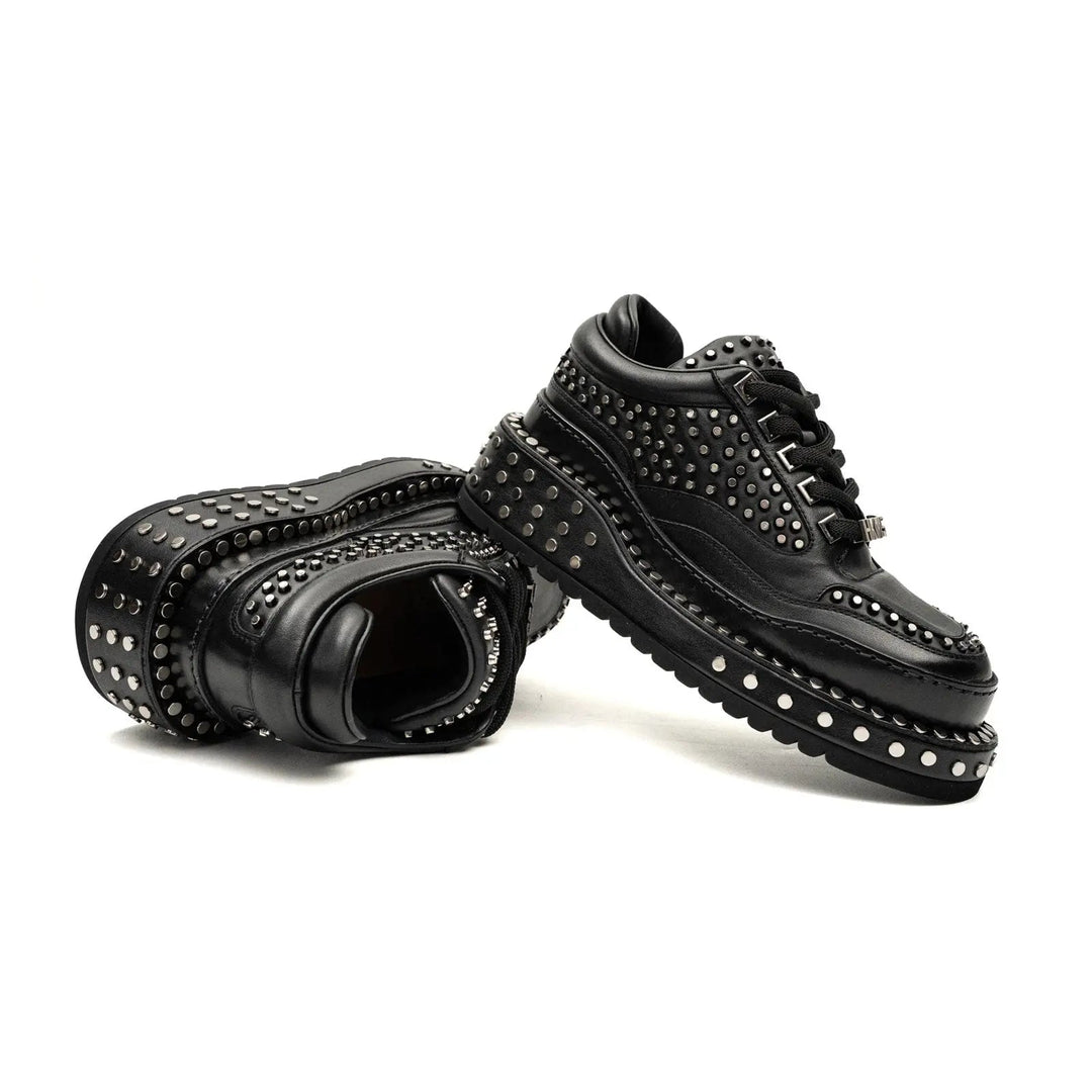 Black Studded Calf Leather Derby Shoes