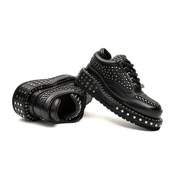 Black Studded Calf Leather Derby Shoes