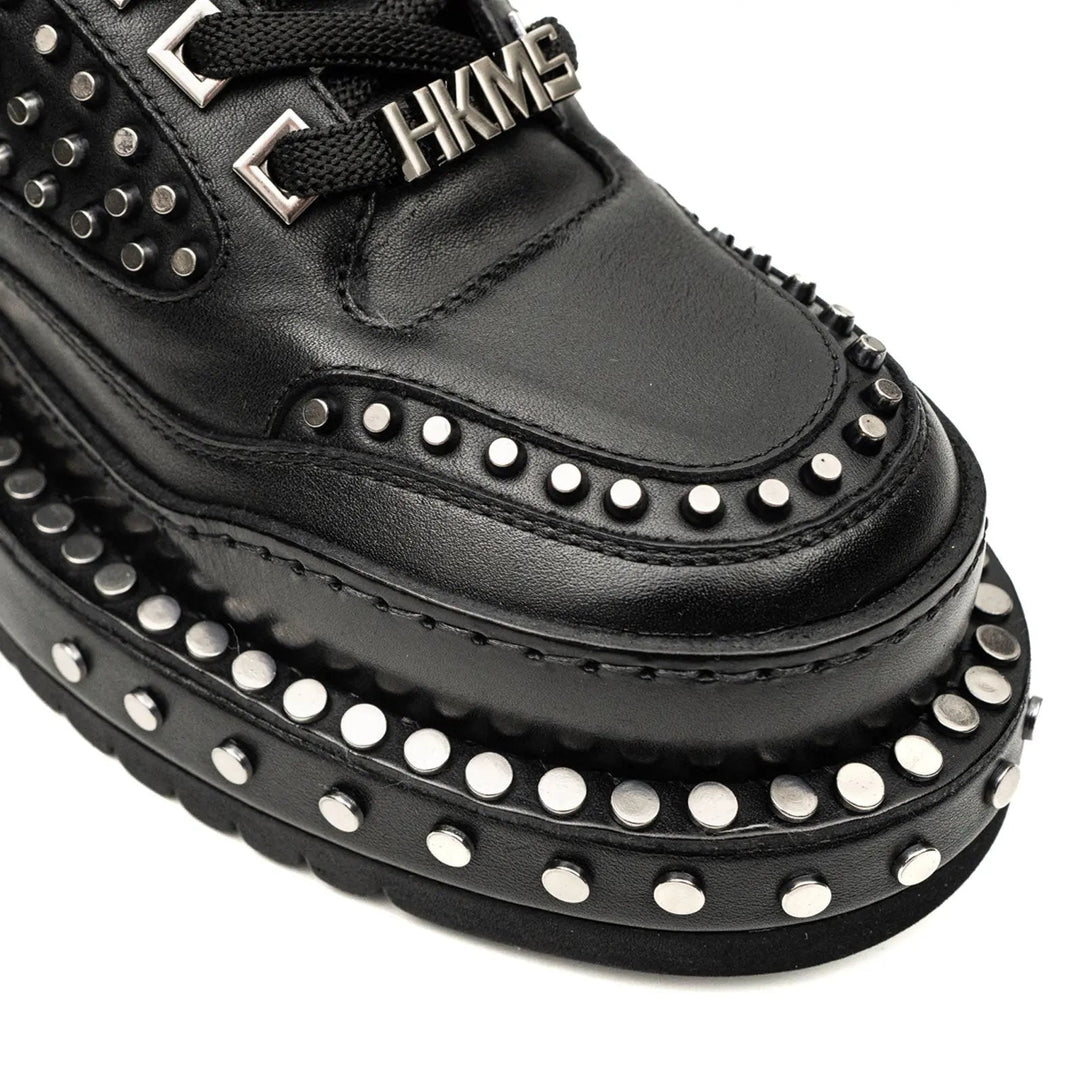 Black Studded Calf Leather Derby Shoes