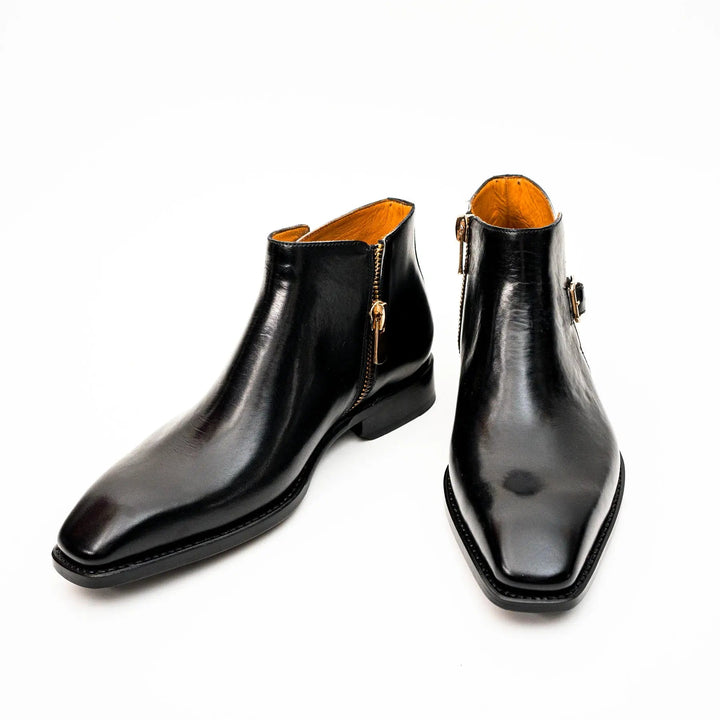 Black Square-Toe Calf Leather Buckle Ankle Boots