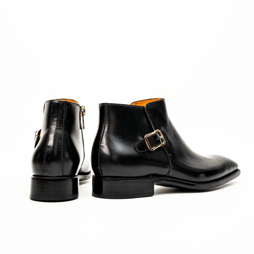 Black Square-Toe Calf Leather Buckle Ankle Boots