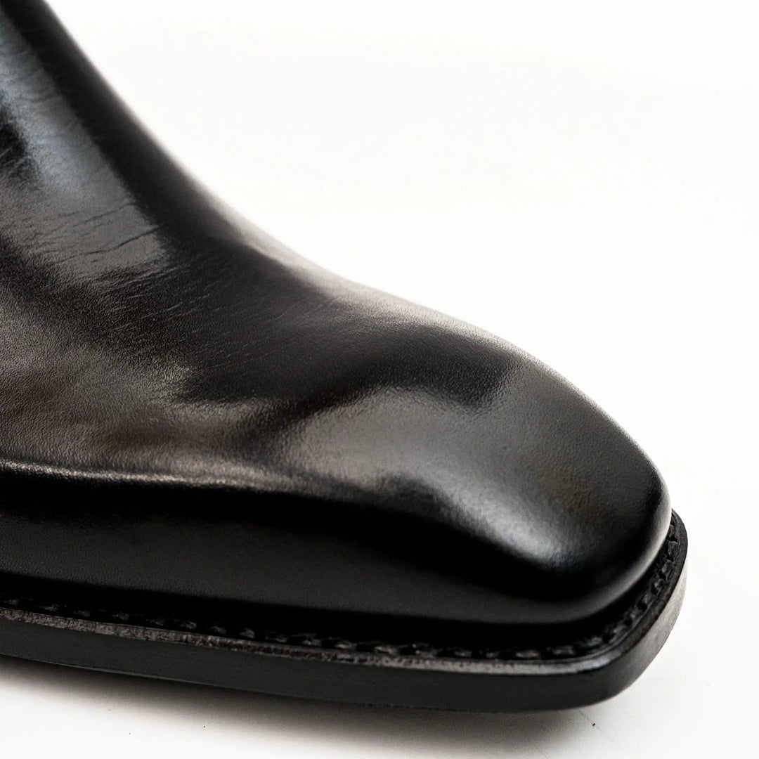 Black Square-Toe Calf Leather Buckle Ankle Boots