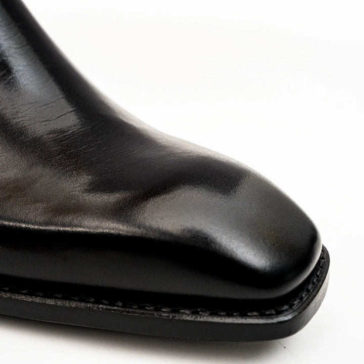 Black Square-Toe Calf Leather Buckle Ankle Boots