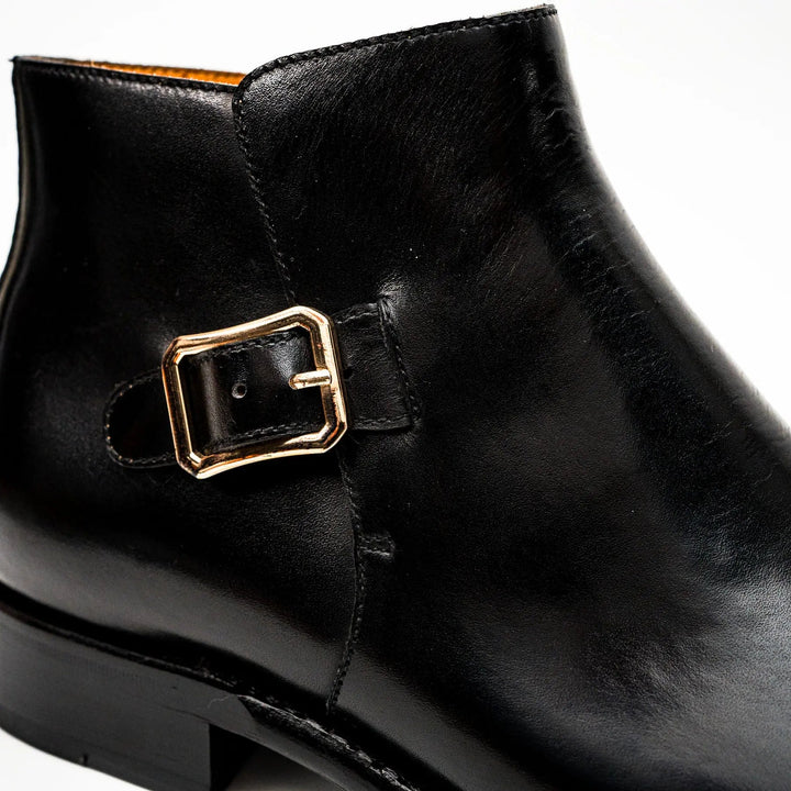 Black Square-Toe Calf Leather Buckle Ankle Boots
