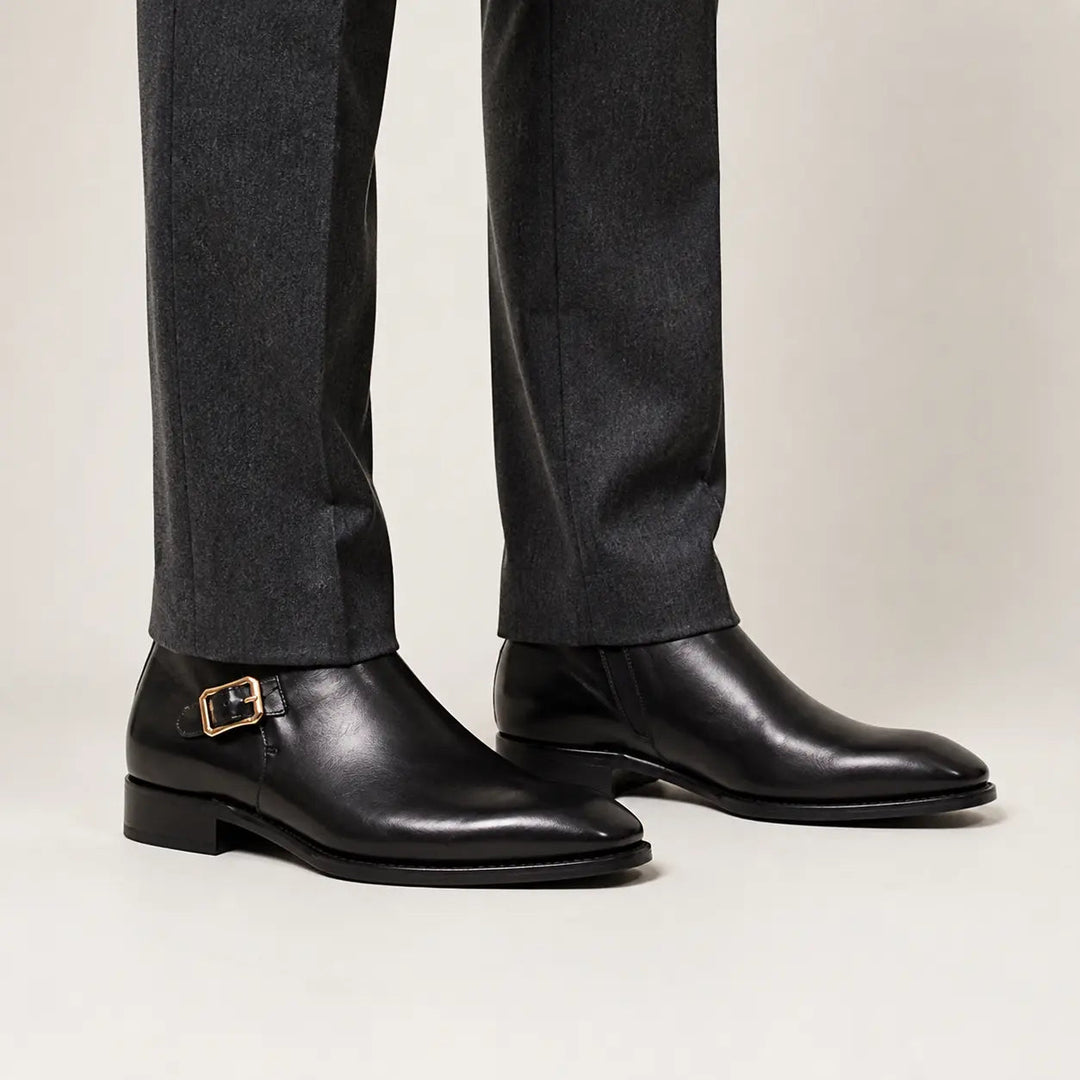 Black Square-Toe Calf Leather Buckle Ankle Boots