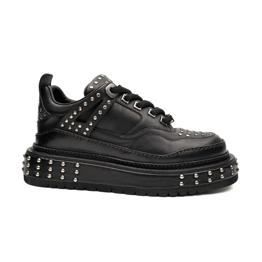 Black Studded Calf Leather Platform Sneakers
