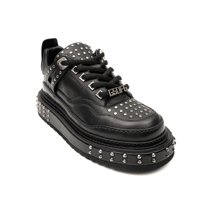 Black Studded Calf Leather Platform Sneakers