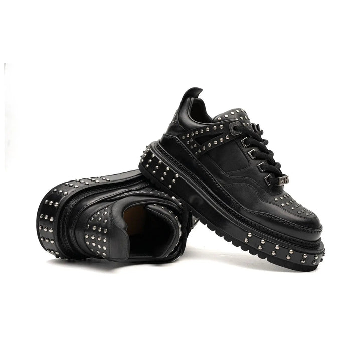 Black Studded Calf Leather Platform Sneakers
