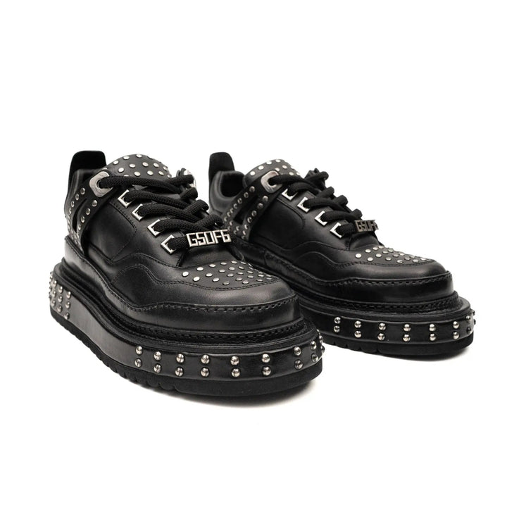 Black Studded Calf Leather Platform Sneakers